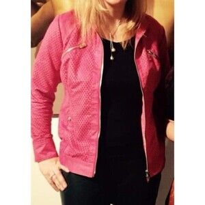 ! Marlo Thomas Faux Suede Perforated Pink Fuschia Moto Jacket That Woman!